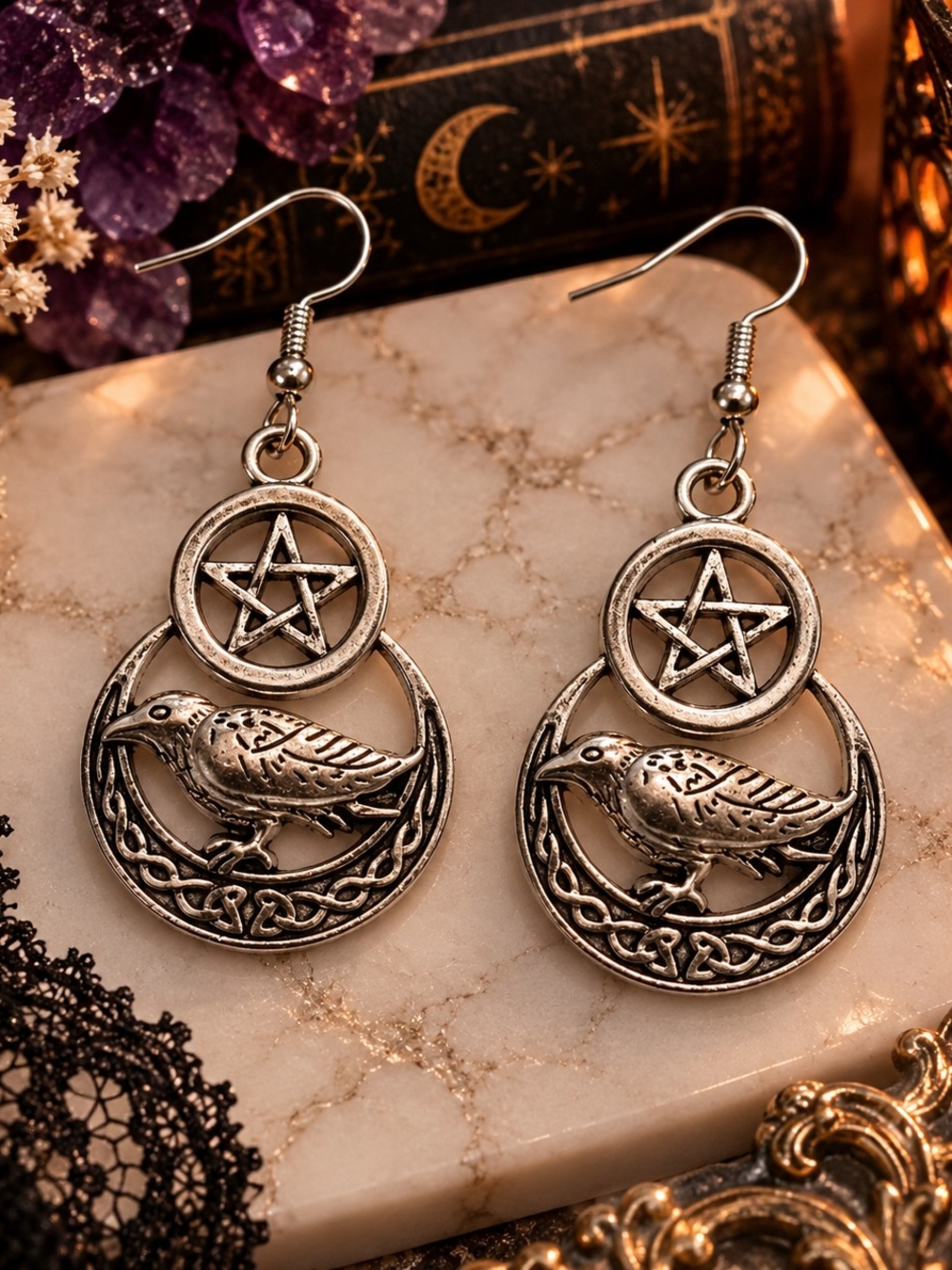 Silver Tone Metal Raven Pentagram Dangle Drop Earrings - New